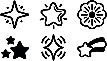 Fototapeta premium Black and white star sparkle shapes vector art set with comet and burst
