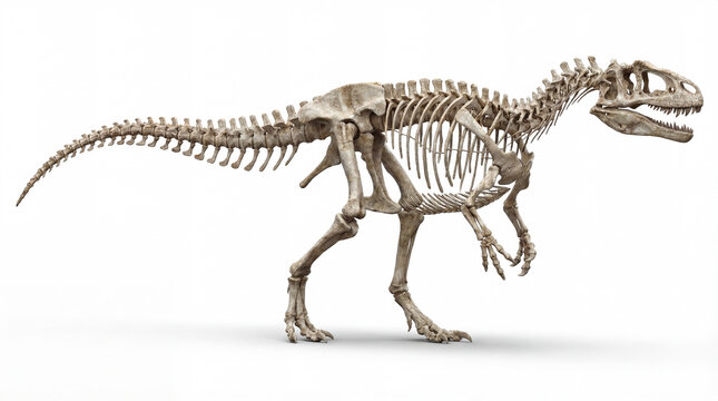 Allosaurus fragilis complete skeleton in lateral view isolated on white background, detailed scientific reconstruction showing full bone structure and theropod anatomy.
