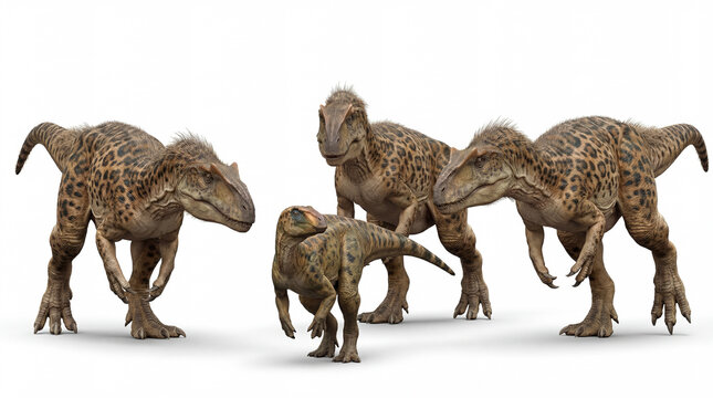 Allosaurus fragilis pack hunting juvenile of another species isolated on white background, dynamic prehistoric scene showing cooperative predatory behavior and attack.

