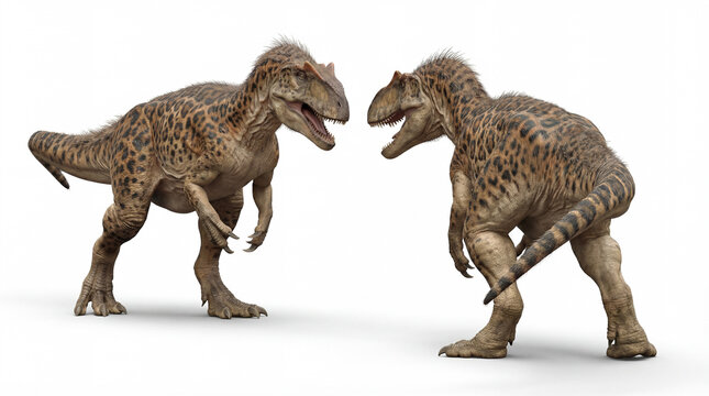 Allosaurus fragilis males fighting during territorial dispute isolated on white background, dynamic prehistoric scene showing aggression and dominance behavior.

