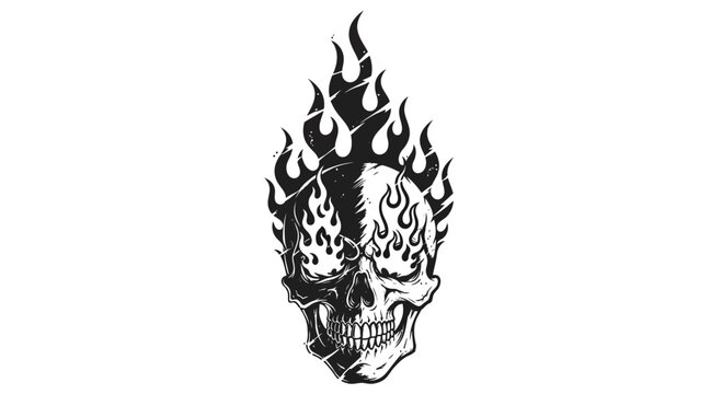 Burning skull with flames, dark grunge style, vector illustration