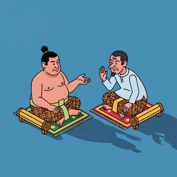 Two men sitting on traditional Japanese mats.