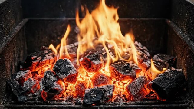 A glowing barbecue pit filled with intensely burning hardwood charcoal, deep orange and crimson embers radiating visible heat shimmer above the grate surface, occasional small flames licking upward