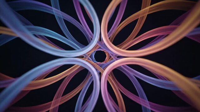 An intricate abstract pattern of smooth colorful lines weaving through a dark composition, blended gradient hues forming flowing ribbons with symmetrical rhythm and visual balance, soft highlights and