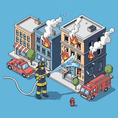 Naklejka premium Firefighter battling a building fire.