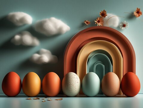 decoracion nordica de pascuas, arcoiris de madera y huevos de colores pastel con un fondo celeste