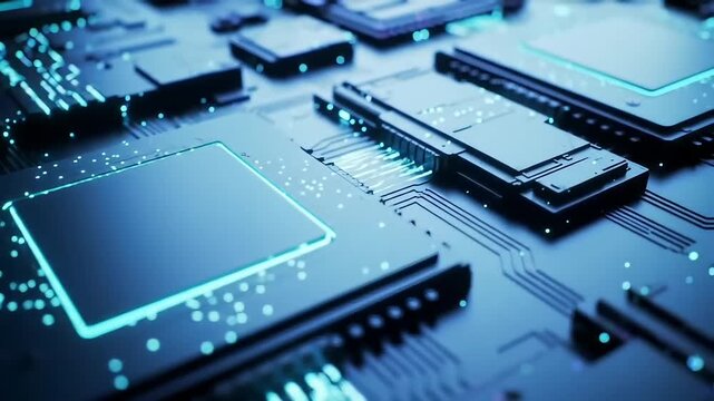 CPU microchip on glowing blue circuit board for computing technology background