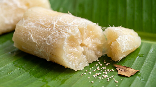 Beautiful close-up macro photograph of tapai singkong &mdash; traditional Indonesian fermented cassava &mdash; on fresh banana leaf,