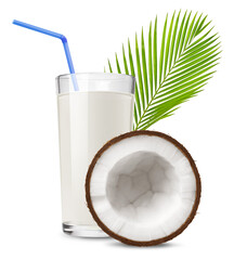 Obraz premium Glass of coconut juice and half of coconut with palm leaf on transparent background.