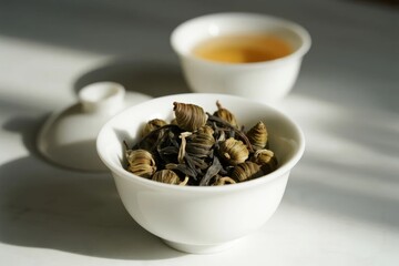Obraz premium Dried tea leaves in a white bowl with brewed tea in the background