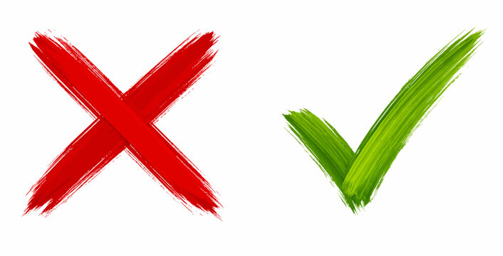 A watercolor collection of red cross and green tick marks featuring hand-painted brush stroke symbols for correct and incorrect selection in a bold grunge style.