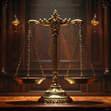 Golden scales of justice in a classic courtroom with warm lighting