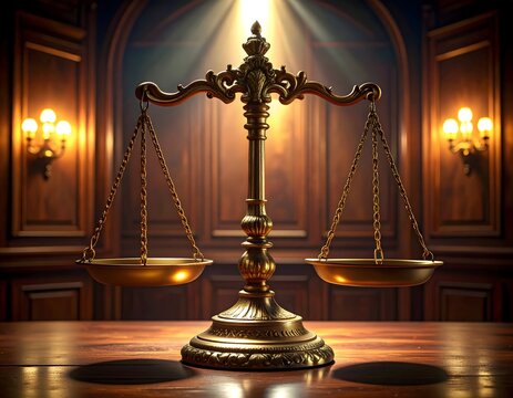 Golden scales of justice illuminated by warm light in classic courtroom setting