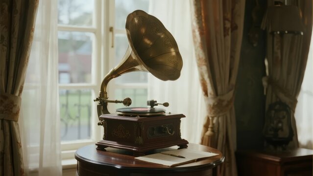 Antique gramophone on wooden table near window with curtains in vintage room
