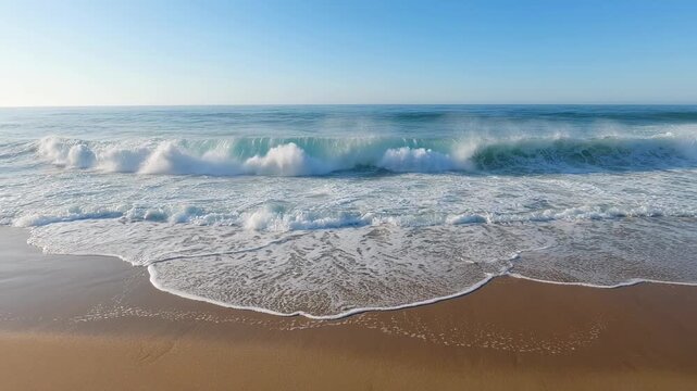 Waves crash onto wide sandy beach