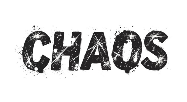 Chaos text effect, grunge distressed font, abstract splatter and starburst elements