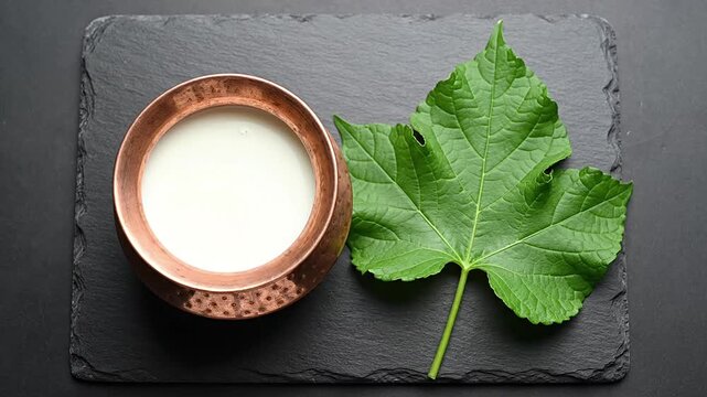 A close up of a copper bowl filled with white liquid, next to a vibrant green leaf on a dark slate surface