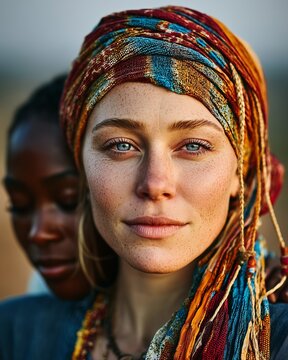 Mujer caucasica con turbante colorido y rastas mira a camara mientras una mujer negra esta apoyada en su hombro, sororidad etnica y de genero