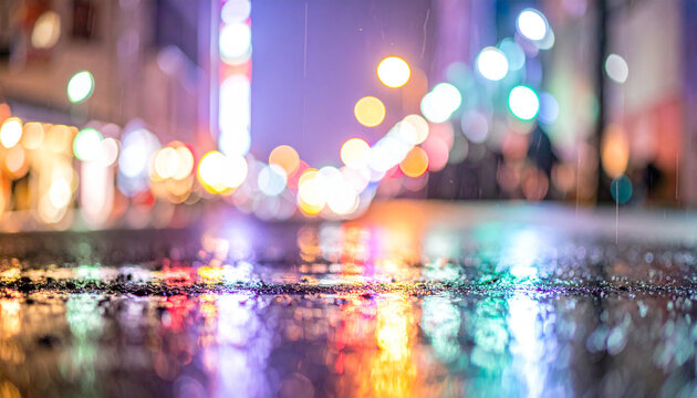 Abstract night city street after rain, colorful bokeh lights reflecting on wet pavement