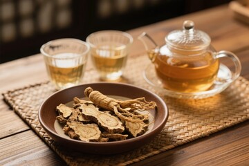 Fototapeta premium Dried herbs in a bowl with tea set on a wooden table