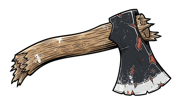Broken Axe with Splintered Wooden Handle