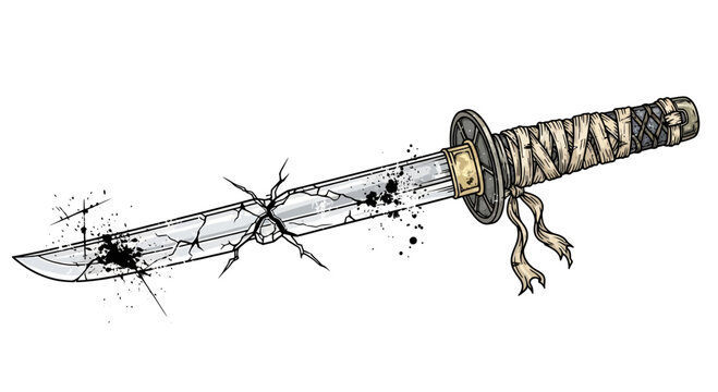 Broken Katana Sword with Cracked Blade and Splatter