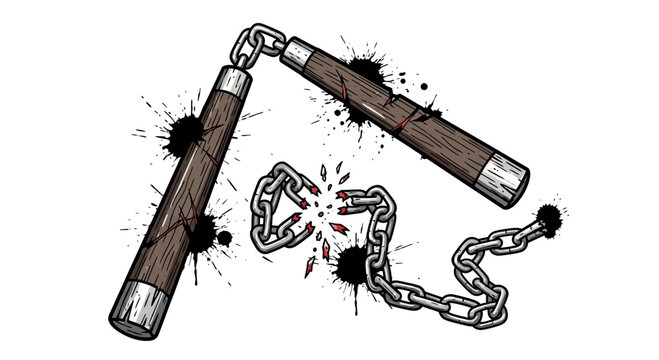 Broken Nunchaku with Splattered Ink