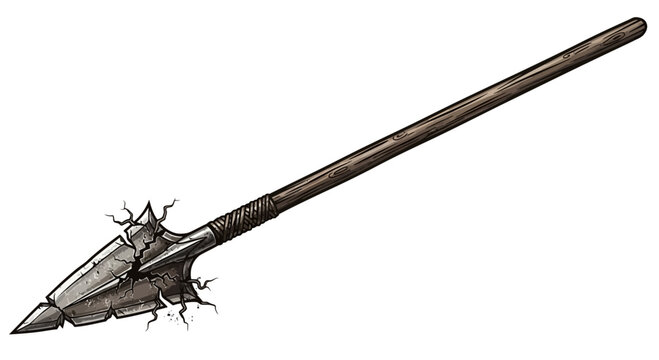 Cracked Stone Arrowhead on Wooden Shaft, Ancient Weapon Illustration