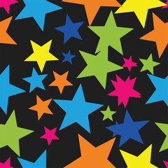 Obraz premium Colorful five-pointed stars on a black background, a seamless pattern