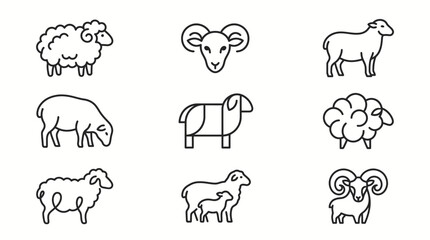 Fototapeta premium Collection of various sheep and ram outline icons, showcasing different breeds and poses in a minimalist style.
