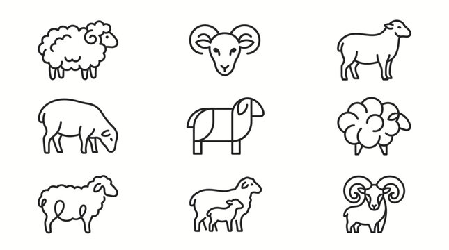 Collection of various sheep and ram outline icons, showcasing different breeds and poses in a minimalist style.