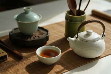 Fototapeta premium Traditional tea set with teapot, cup, and accessories arranged on a bamboo mat