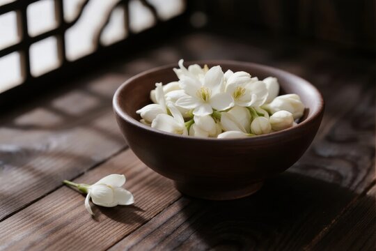 White jasmine flowers in a wooden bowl on a rustic table with soft natural light