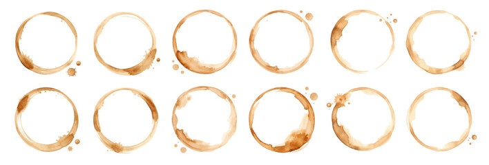 A watercolor collection of coffee cup stains featuring brown circular mug ring marks and splash effects illustrated in a textured hand-painted style.