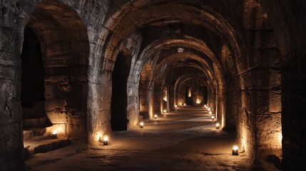 Obraz premium catacomb. An underground stone corridor with arched niches receding into darkness, dim candlelight. real-estate listings.