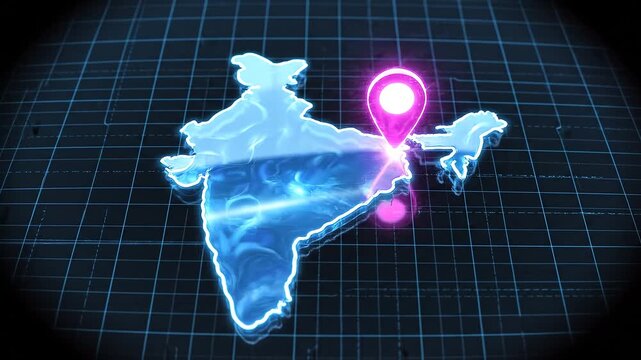 Glowing blue map of India with pink location pin on grid background