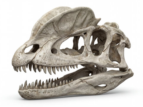 Dilophosaurus wetherilli skull closeup isolated on white background, detailed scientific reconstruction highlighting bone structure and theropod anatomy.
