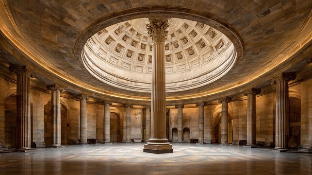 rotunda. A grand circular hall with a central column and domed ceiling, dramatic interior lighting. real-estate listings.