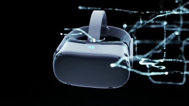 VR headset floating in dark digital space with glowing data lines for gaming concept