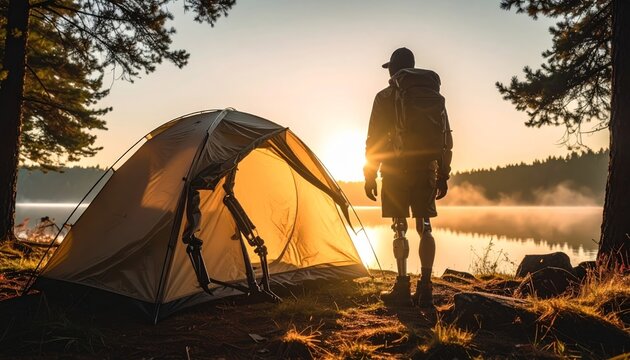 A serene morning camping scene with a tent and hiker.