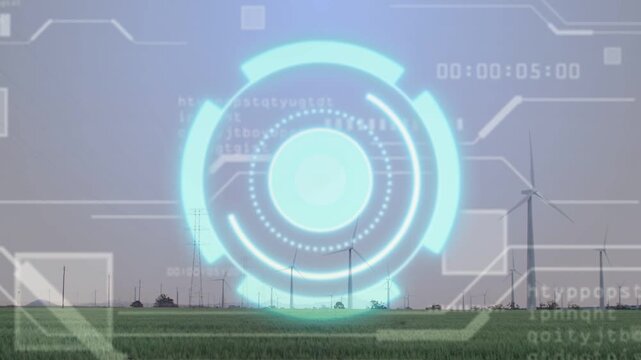 Displaying cyan circular HUD overlay pulsing over wind farm horizon with timestamp readouts