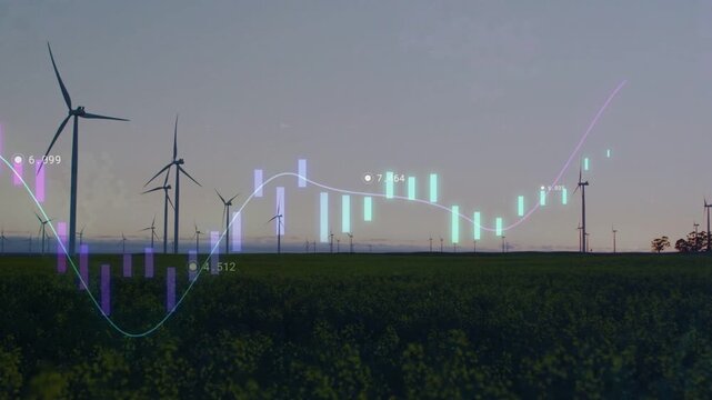 Wind turbines rotating on farmland while data overlay showing bars and line across sunset sky