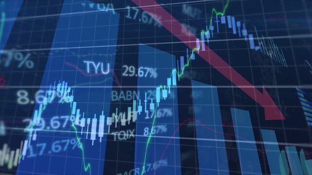 Trading chart showing scrolling ticker sparking blue bars red arrow candles peaking falling on grid