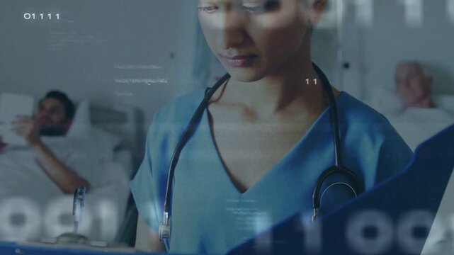 Indian nurse viewing digital overlay, checking blue folder to review patient notes, smiling in ward