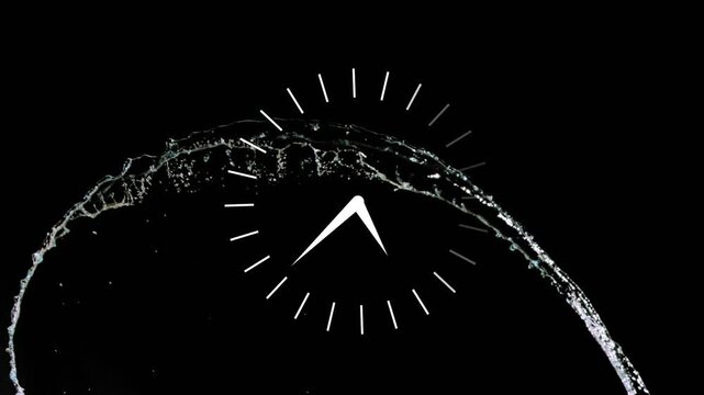 Clock dial holding center while liquid release sweeping across hands, showing motion design timing