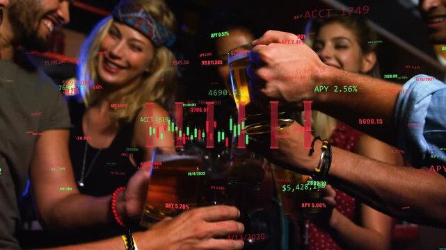 Diverse friends raising beer mugs at bar, clinking glasses celebrating candlestick chart gains