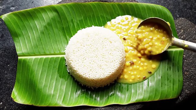 Steamed rice cakes served on a banana leaf with a side of lentil curry, traditional South Indian breakfast meal
