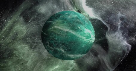 Fototapeta premium Displaying teal-green planet swirling in deep space, with dark moon, starfield, gas filaments