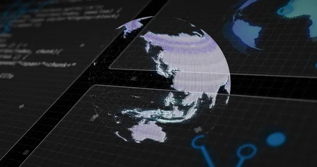 Fotobehang Azië Rotating hologram 3D globe showing Asia-Pacific on grid plane, with UI panels code block neon nodes  © vectorfusionart