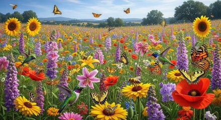 Obraz premium A vibrant field of colorful flowers with butterflies and hummingbirds flying in a serene natural landscape under a blue sky